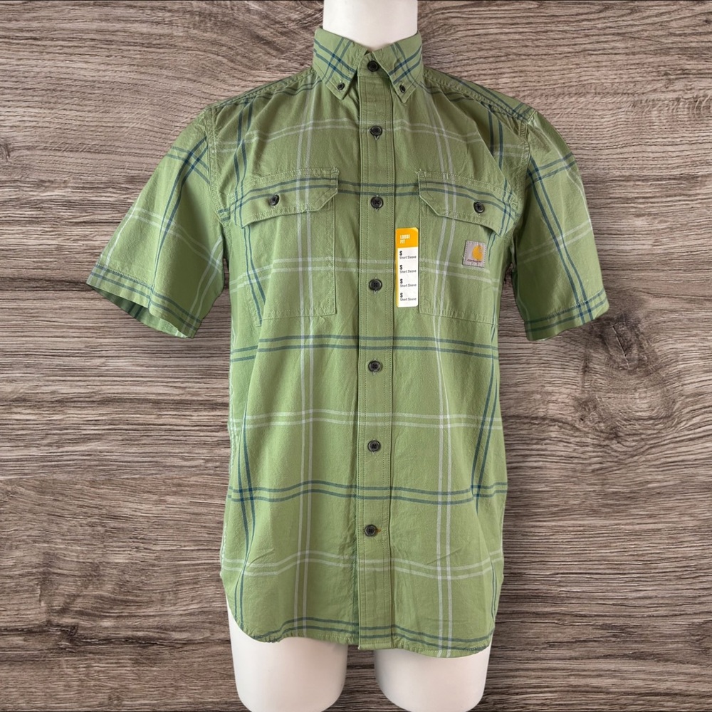 Carhartt Shirt Men Small Green Outdoor Button Up Loose Fit Plaid Work NWT (693